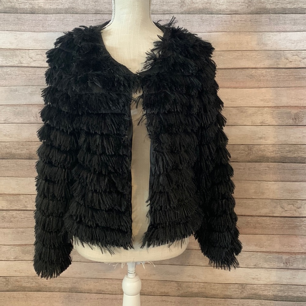 Military Hipoie Women’s Black Feather Fringes Jacket. Size L. NWOT